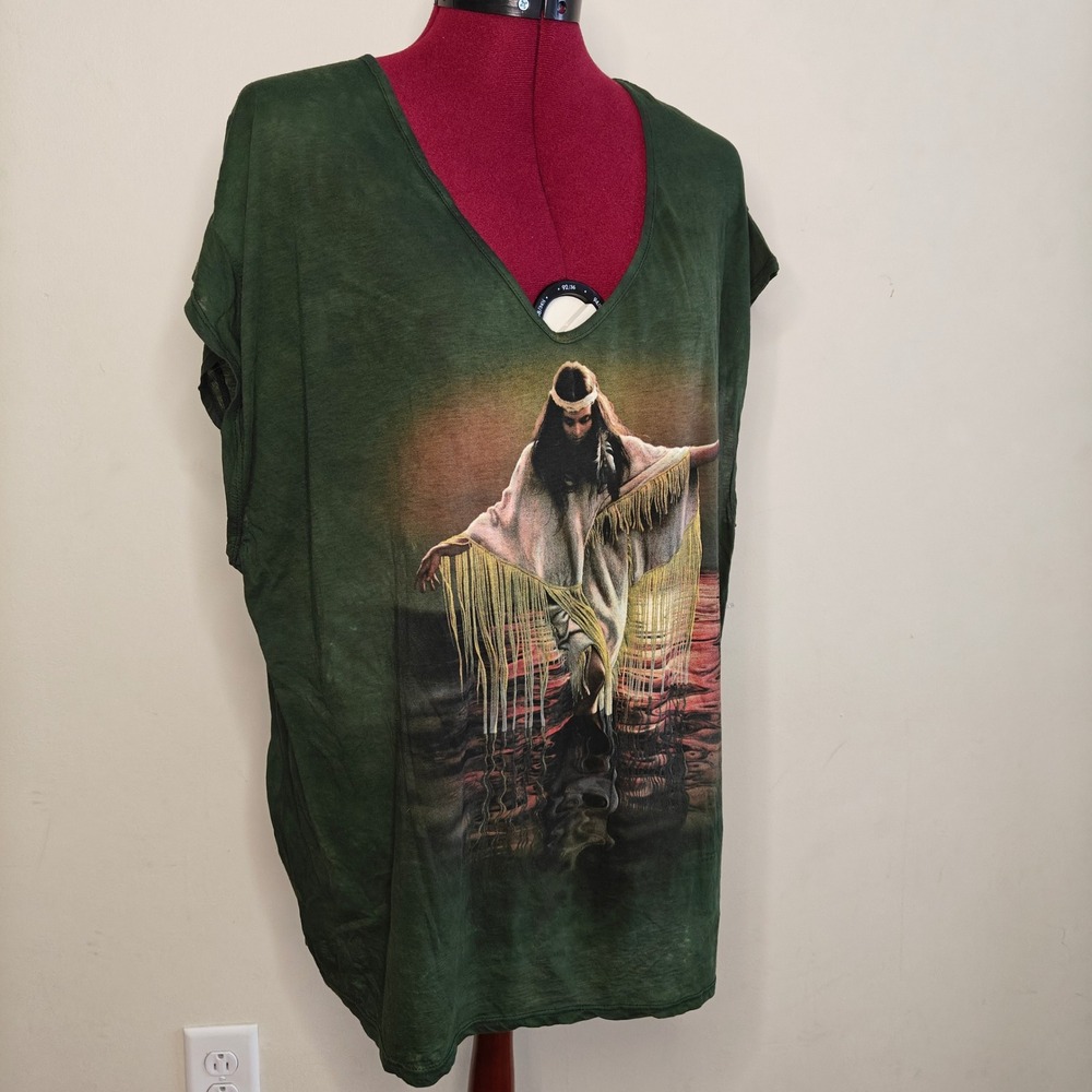 Torn by Ronny Kobo The Mountain Green Graphic Oversized Tee XS Native‎ American